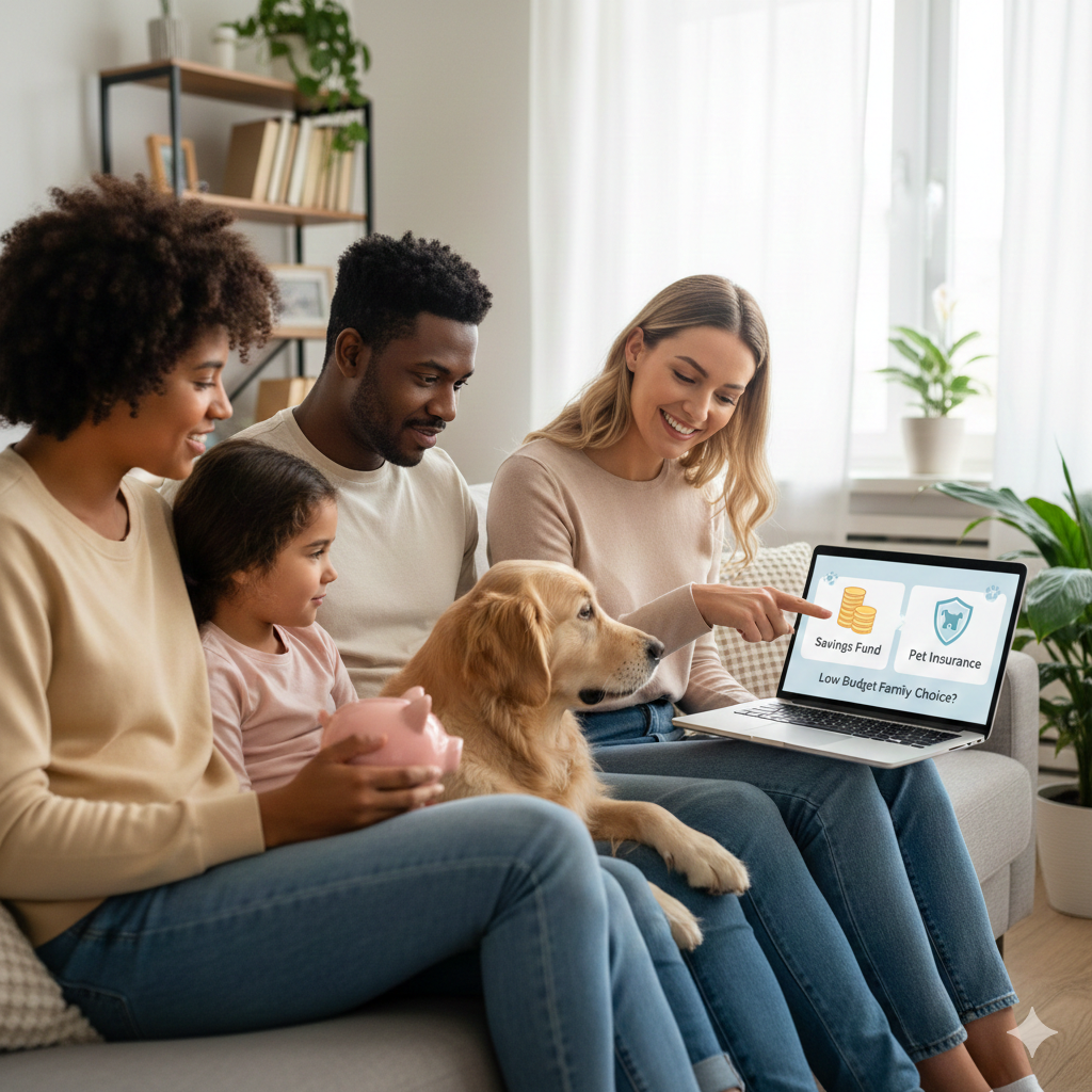 A low-income family sitting on a sofa with their dog, comparing savings vs pet insurance on a laptop.